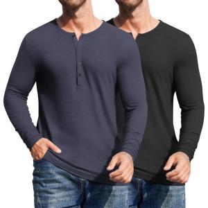 imageCOOFANDY Mens 2Pack Slim Fit Henley Shirts Long Sleeve Lightweight Fashion Casual Cotton Basic T ShirtsBlackNavy Blue