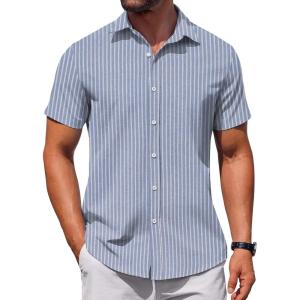 imageCOOFANDY Mens Button Down Shirt Short Sleeve Casual Shirt for Men Summer Business Casual Dress ShirtBluewhite Stripes