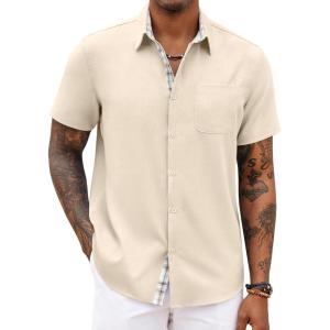 imageCOOFANDY Mens Button Down Shirts Short Sleeve Casual Shirts Summer Beach Shirts Vacation Wedding Shirts with PocketBeige