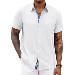 imageCOOFANDY Mens Button Down Shirts Short Sleeve Casual Shirts Summer Beach Shirts Vacation Wedding Shirts with PocketWhite  Blue Plaid