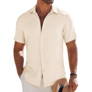 imageCOOFANDY Mens Button Down Short Sleeve Shirt Casual Beach Shirt Summer Vacation Textured ShirtsBeige