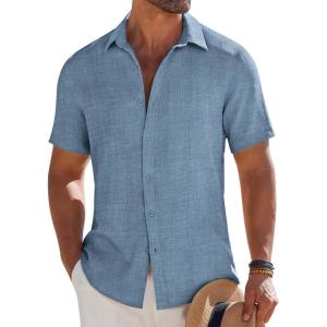 imageCOOFANDY Mens Button Down Short Sleeve Shirt Casual Beach Shirt Summer Vacation Textured ShirtsDark Blue