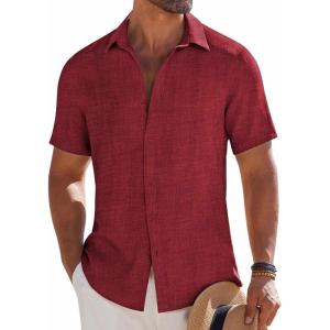 imageCOOFANDY Mens Button Down Short Sleeve Shirt Casual Beach Shirt Summer Vacation Textured ShirtsDark Red