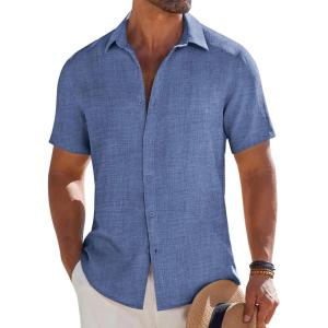 imageCOOFANDY Mens Button Down Short Sleeve Shirt Casual Beach Shirt Summer Vacation Textured ShirtsDenim Blue