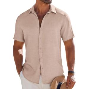 imageCOOFANDY Mens Button Down Short Sleeve Shirt Casual Beach Shirt Summer Vacation Textured ShirtsKhaki