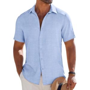 imageCOOFANDY Mens Button Down Short Sleeve Shirt Casual Beach Shirt Summer Vacation Textured ShirtsLight Blue