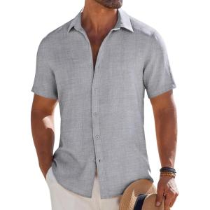 imageCOOFANDY Mens Button Down Short Sleeve Shirt Casual Beach Shirt Summer Vacation Textured ShirtsLight Grey