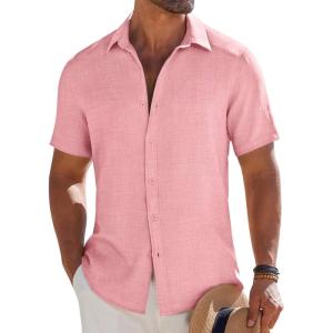 imageCOOFANDY Mens Button Down Short Sleeve Shirt Casual Beach Shirt Summer Vacation Textured ShirtsPink
