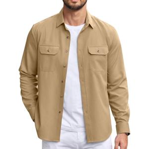 imageCOOFANDY Mens Casual Button Down Shirts Long Sleeve WrinkleFree Shirt Lightweight Shirt JacketKhaki