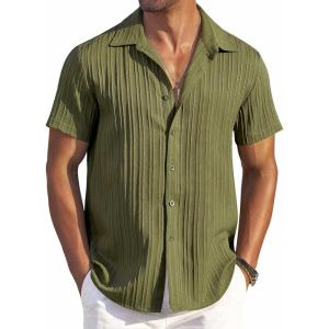imageCOOFANDY Mens Casual Button Down Shirts Short Sleeve Textured Summer Beach ShirtsArmy Green
