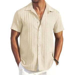 imageCOOFANDY Mens Casual Button Down Shirts Short Sleeve Textured Summer Beach ShirtsBeige
