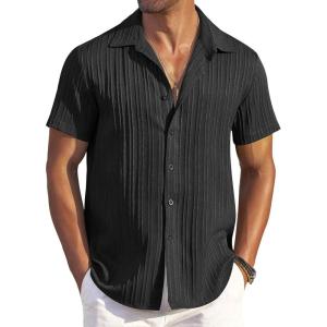 imageCOOFANDY Mens Casual Button Down Shirts Short Sleeve Textured Summer Beach ShirtsBlack