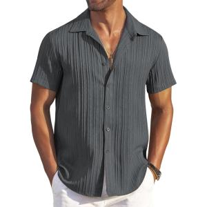 imageCOOFANDY Mens Casual Button Down Shirts Short Sleeve Textured Summer Beach ShirtsDark Gray