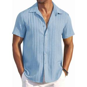 imageCOOFANDY Mens Casual Button Down Shirts Short Sleeve Textured Summer Beach ShirtsLight Blue