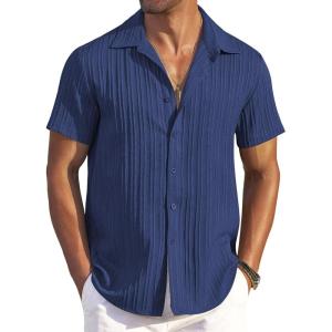 imageCOOFANDY Mens Casual Button Down Shirts Short Sleeve Textured Summer Beach ShirtsNavy Blue