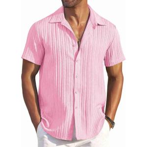 imageCOOFANDY Mens Casual Button Down Shirts Short Sleeve Textured Summer Beach ShirtsPink