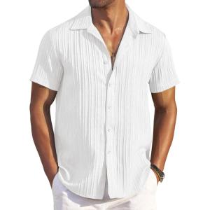 imageCOOFANDY Mens Casual Button Down Shirts Short Sleeve Textured Summer Beach ShirtsWhite