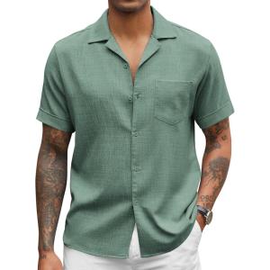 imageCOOFANDY Mens Casual Short Sleeve Button Down Shirts Cuban Linen Textured Shirt Summer Beach WearGrey Green