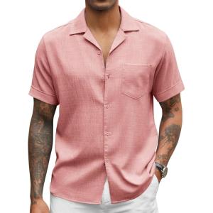 imageCOOFANDY Mens Casual Short Sleeve Button Down Shirts Cuban Linen Textured Shirt Summer Beach WearPink