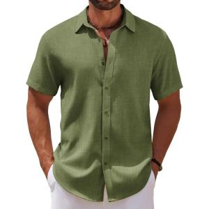 imageCOOFANDY Mens Casual Summer Beach Shirt Short Sleeve Button Down Shirt Vacation Wedding Shirt Linen Textured ShirtsArmy Green