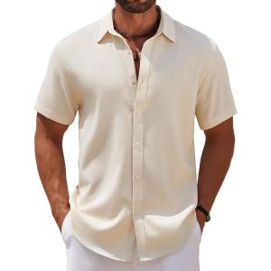 imageCOOFANDY Mens Casual Summer Beach Shirt Short Sleeve Button Down Shirt Vacation Wedding Shirt Linen Textured ShirtsBeige