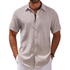 imageCOOFANDY Mens Casual Summer Beach Shirt Short Sleeve Button Down Shirt Vacation Wedding Shirt Linen Textured ShirtsChampagne