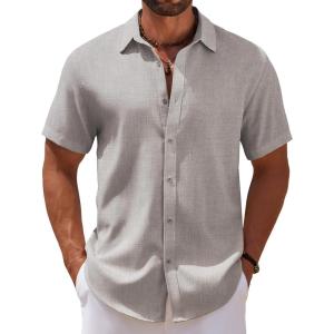 imageCOOFANDY Mens Casual Summer Beach Shirt Short Sleeve Button Down Shirt Vacation Wedding Shirt Linen Textured ShirtsLight Grey