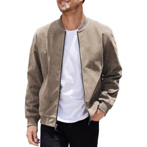 imageCOOFANDY Mens Casual Varsity Jacket Vintage Lightweight Suede Bomber JacketsKhaki