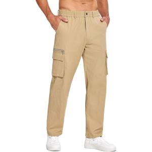 imageCOOFANDY Mens Cotton Cargo Pants Relaxed Fit Elastic Waist Casual Pants Stretch Work Cargo Pant with PocketsLight Khaki
