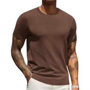 imageCOOFANDY Mens Crewneck Sweater Short Sleeve Knit Pullover Casual Basic Tops Classic Fashion TeesBrown