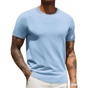 imageCOOFANDY Mens Crewneck Sweater Short Sleeve Knit Pullover Casual Basic Tops Classic Fashion TeesLight Blue