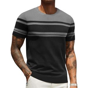 imageCOOFANDY Mens Crewneck Sweater Short Sleeve Knit Pullover Casual Basic Tops Classic Fashion TeesStripe  Black  Grey
