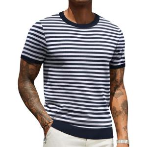 imageCOOFANDY Mens Crewneck Sweater Short Sleeve Knit Pullover Casual Basic Tops Classic Fashion TeesStripe  Navy