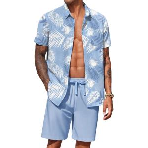 imageCOOFANDY Mens Hawaiian 2 Piece Outfits Summer Beach Matching Set Short Sleeve Floral Shirts and ShortsLeaf Light Blue