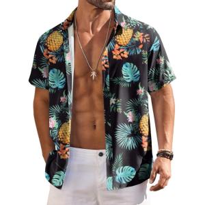 imageCOOFANDY Mens Hawaiian Shirts Short Sleeve Floral Button Down Shirt Tropical Casual Summer Beach ShirtsBlack  Green  Pineapple
