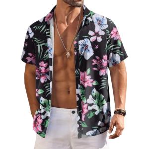 imageCOOFANDY Mens Hawaiian Shirts Short Sleeve Floral Button Down Shirt Tropical Casual Summer Beach ShirtsBlack  Pink  Floral