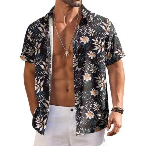 imageCOOFANDY Mens Hawaiian Shirts Short Sleeve Floral Button Down Shirt Tropical Casual Summer Beach ShirtsBlack  White  Leaf