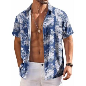 imageCOOFANDY Mens Hawaiian Shirts Short Sleeve Floral Button Down Shirt Tropical Casual Summer Beach ShirtsBlue  White  Leaf