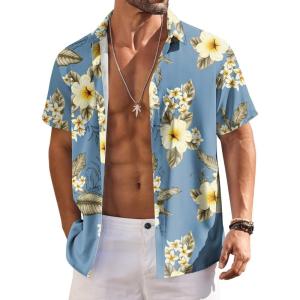 imageCOOFANDY Mens Hawaiian Shirts Short Sleeve Floral Button Down Shirt Tropical Casual Summer Beach ShirtsBlue White  Floral