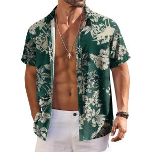 imageCOOFANDY Mens Hawaiian Shirts Short Sleeve Floral Button Down Shirt Tropical Casual Summer Beach ShirtsGreen  White  Palm Tree