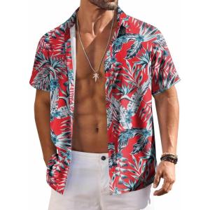 imageCOOFANDY Mens Hawaiian Shirts Short Sleeve Floral Button Down Shirt Tropical Casual Summer Beach ShirtsRed  Greenleaf