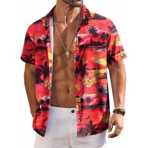 imageCOOFANDY Mens Hawaiian Shirts Short Sleeve Floral Button Down Shirt Tropical Casual Summer Beach ShirtsRed  Sunset