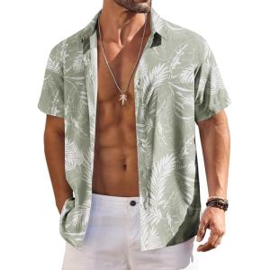imageCOOFANDY Mens Hawaiian Shirts Short Sleeve Floral Button Down Shirt Tropical Casual Summer Beach ShirtsSage Green  Palm Leaf