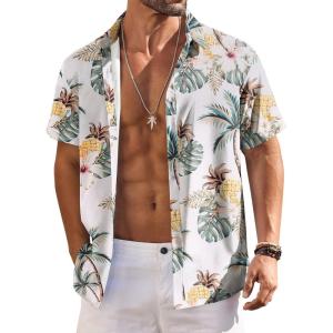 imageCOOFANDY Mens Hawaiian Shirts Short Sleeve Floral Button Down Shirt Tropical Casual Summer Beach ShirtsWhite  Coconut Tree