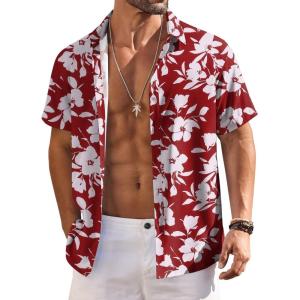 imageCOOFANDY Mens Hawaiian Shirts Short Sleeve Floral Button Down Shirt Tropical Casual Summer Beach ShirtsWhite  Red  Flower