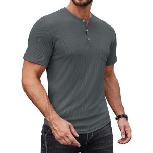 imageCOOFANDY Mens Henley Shirts Short Sleeve Tshirt Basic Button Tees Summer Ribbed Pocket T Shirt Casual Stretch TopsDark Grey