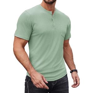 imageCOOFANDY Mens Henley Shirts Short Sleeve Tshirt Basic Button Tees Summer Ribbed Pocket T Shirt Casual Stretch TopsLight Green