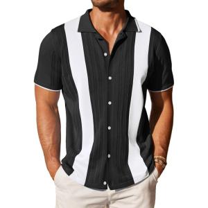 imageCOOFANDY Mens Knit Button Down Shirt Vintage Short Sleeve Polo Shirts Casual Beach TopsBlackwhite