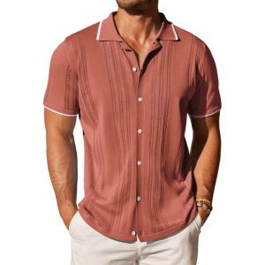 imageCOOFANDY Mens Knit Button Down Shirt Vintage Short Sleeve Polo Shirts Casual Beach TopsCaramel