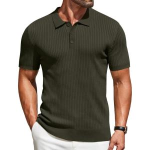 imageCOOFANDY Mens Knit Polo Shirts Short Sleeve Golf Shirts Button Down Casual Polo T Shirts Textured Slim Fit PulloverArmy Green